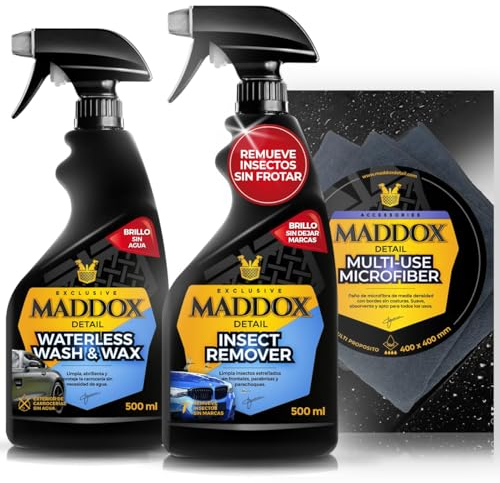 Maddox Detail - Regalo Original Kit Esencial de Detallado Automotriz | Limpiador de Insectos 500ml, Microfibra Multiusos y Lavado en Seco con Cera 500ml | Limpieza Integral de Exterior