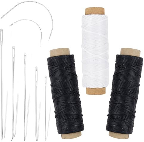 3-teiliges gewachstes Garn, 98 Meter und 7-teiliges Leder-Handnähnadel-Set für Zuhause, Polsterung, Teppich, Leder, Leinwand, Taschen, Sofa, Möbelreparatur und Nähen (schwarz und weiß)