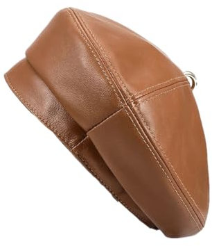 Damen Baskenmütze im Vintage-Stil, einfarbig, echtes Leder, Braun Grau, L