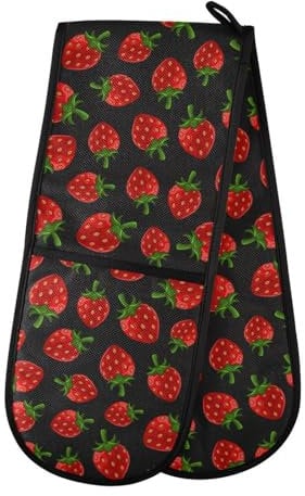 Double Oven Gloves Heat Resistant Red Strawberry Double Oven Mitts Pot Holder Heat Protection Oven Gloves for Home Kitchen Baking Cooking BBQ Microwave
