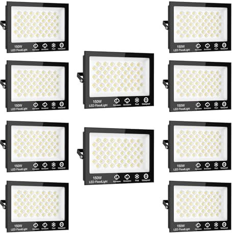 Sararoom Strahler Fluter Flutlicht Scheinwerfer - 10er 150W 208 LED 15000LM Kaltweiß 6500K, IP65 Wasserdichte Flutlichtstrahler Außen-Sicherheitsbeleuchtung für Garten Garage Hof Auffahrt Türen Flur