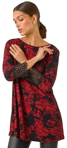 Roman Originals Floral Soft Stretch Jersey Top for Women UK - Ladies Everyday Autumn Winter Round Neckline Comfy Soft Evening Vacation Work Party Night Out - 192772 - Size 16