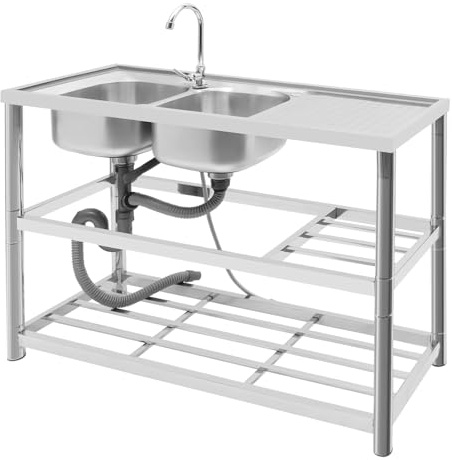 Chynalys Edelstahl Spüle mit Unterschrank Küchenspüle Doppelbecken, Doppelwaschbecken Unterschrank, Doppelspüle Freistehende Küchenspüle mit Abflusseinheit & Wasserhahn, Komplettes Set
