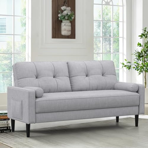 Aotumm Ciort 2 Seater Sofa, Modern Sofa Couch with Thicken Cushions, 2 Pillows and 2 Pocket Storage, Comfy Linen Sofa for Living Room/Bedroom/Office, Easy Assembly Small 2 Seater Sofa (Grey)