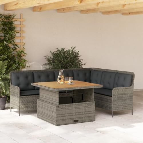 IKAYAA Polyrattan Lounge mit Verstellbare Esstisch 110 x 110 x 40/71 cm, Gartenlounge, Garten Sitzgruppe, Ecklounge, Ecksofa Lounge Möbel, Rattan Gartenmöbel Set inkl.Sitz- und Rückenkissen - Grau