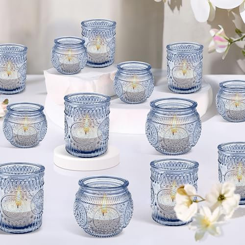 Lot de 24 photophores en verre bleu vintage en relief pour table de mariage, église, centre de table, fête d'anniversaire, maison (pilier et rond))