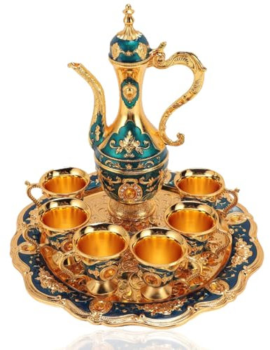 Set da tè e caffè turco vintage in metallo, con 6 tazze, kit per vino europeo, caffettiera antica, servizio da tè turco rustico perfetto per intrattenere