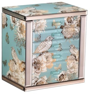 Homruilink High End Glass Jewellery Box for Women, 5 Layer, Bird & Floral | Large Jewellery Organiser with 2 Side Doors & Mirror, Velvet-Lined Storage, For Rings Necklaces Earrings Watches, Gift