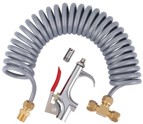 Boeray Heavy Duty Truck Air Seat Blow Gun Kit 1/4 Inch 11.5FT PA Nylon Coil Air Hose Brass Compression Fittings Connect Lever Air Duster Blow Gun Cleaning with 2 Nozzle Tips Gray