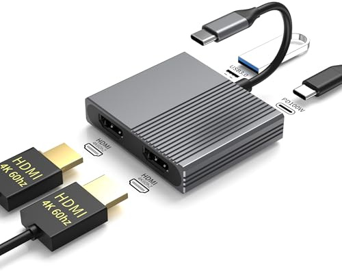 Ara india USB C Docking Station 4-in-1, Dual 4K@60Hz HDMI Adapter for MacBook Pro/Air, Dell, HP, Lenovo & Surface — 100W PD Charging, USB 3.0 5Gbps Data Hub, Compatible with iPad Pro & Type-C Laptops