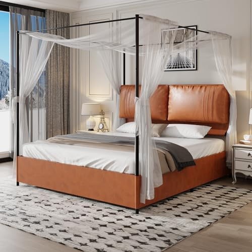 BLUON HOME Luxus Polsterbett,Modernes Doppelbett mit 2 weichen Lederkissen, stabilem Metallrahmen, 4 abnehmbaren Lederfüßen,kein Boxfeder,Leichter High-End-Stil (Brown, 180 * 200cm)