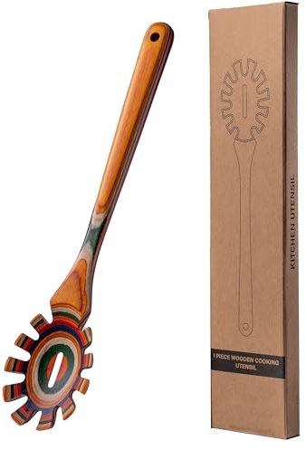 LEHAHA 13'' Wooden Pasta Spaghetti Spoon with Teeth, Pakkawood Fork Serving Utensil, Pastas Spatula Kitchen Tool, Slotted Pasta Spaghetti Strainer Spoon for Cooking Serving, Stirring & Serving Noodles