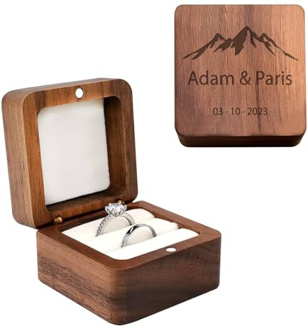 SOUFEEL Personalisierte Ringbox Holz mit Name und Datum, Retro Ringbox Hochzeit mit Doppeltem Schlitz, Quadratische Ringschatulle Hochzeit, Mini Jewelry Ringschachtel für Zeremonie und Verlobung