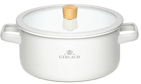 Gerlach 1760 Pentola - 20 cm 3 L Pentola Smaltata - Tutti i Fuochi - Coperchio in Vetro Temperato - Bianco Natur Enamel