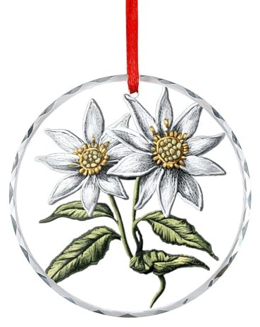 Edelweiss Flower with Leaves Christmas Glass Ornaments Hanging Pendant Xmas Tree Decoration Holiday Decor Indoor Outdoor