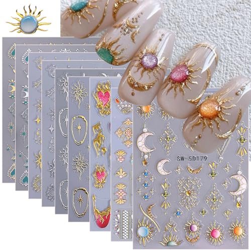 9 Sheets Sun Nail Stickers Nail Stickers Boho 5D 3D Embossed Self Adhesive Moon Star Heart Flame DIY Metallic Designs Nail Accessories for Women