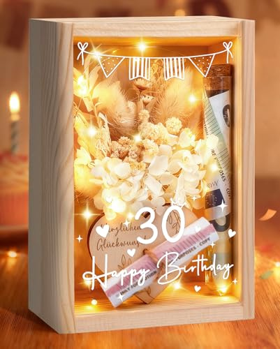 Geldgeschenke 30. Geburtstag Frauen, Geschenke zum 30 Geburtstag Frau | Geschenkbox inklusive Trockenblumen+LED Lichterkette+Reagenzglas+Geburtstagskarte, als Geldgeschenke Verpackung & Deko