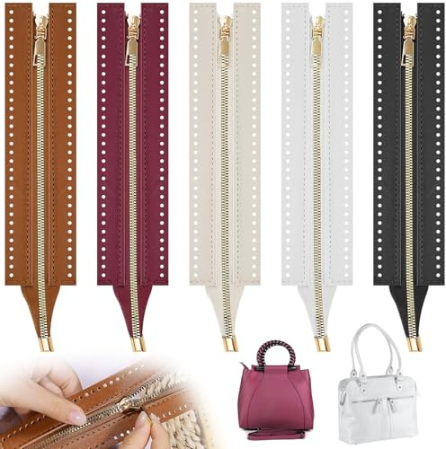 JAXICREY Chiusura lampo per uncinetto, 5 colori in pelle PU con chiusura lampo all'uncinetto con fori, lunghezza 24 cm, per borse fai da te all'uncinetto, cucito, progetti artigianali
