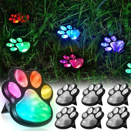 6 Stück Solar Bodenleuchten Aussen mit Katzen Hunde Pfoten, LED Solarleuchten Garten, Wasserfest Solarlampen für Außen Garten, Solar Pfotenleuchten für Rasen Terrasse Balkon Gartendeko (Mehrfarbig)