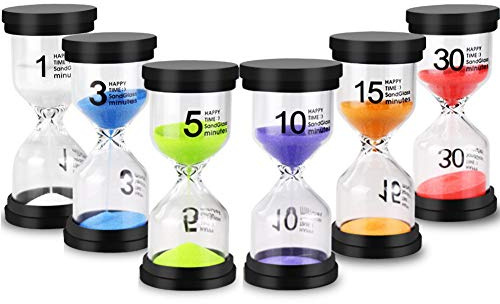 EMDMAK Sand Timer Colorful Hourglass Sandglass Timer 1 min/3 mins/5 mins/10 mins/15 mins/30 mins Sand Clock Timer for Games Classroom Home Office(Pack of 6)