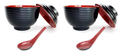 JapanBargain, Set of 2 Japanese Miso Soup Bowls with Lid and Spoon, 11 oz Black and Red, Rice Snack Dessert Bowl Set