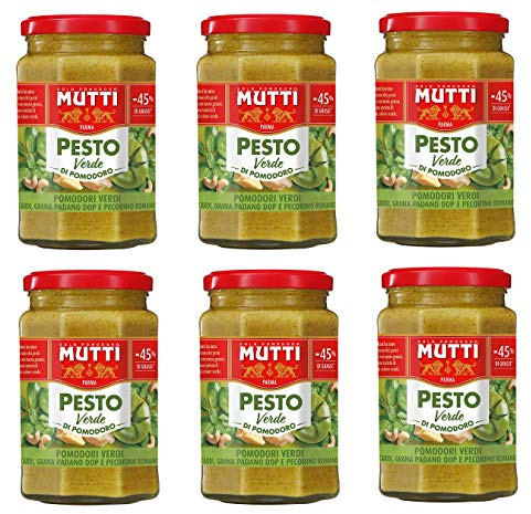 6x Mutti Pesto Verde Pomodori Verdi Grünes Tomatenpesto Pasta Sauce 100% italienische Tomate Glas 180g Würzsaucen mit Cashewnüssen, Grana Padano und Pecorino Romano