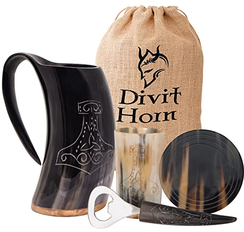 Divit Corne Viking Authentique | La chope de bière archaïque | flair royal; Boire dans une vraie tasse en corne de bœuf. (Thor | Polished, 650-700 ml)