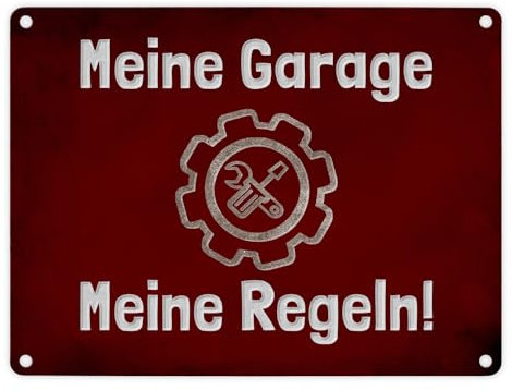 Meine Garage Meine Regeln! Metallschild in 15x20 cm mit Schrauber-Emblem und rotem Hintergrund für Oltimer-Schrauber Warnschild Garagen-Aluminiumschild Warnung Hinweisschild