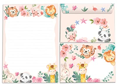 Briefblock mit Umschlag für Kinder Tiere Panda Löwe Giraffe Tiger Briefpapier-Set für Mädchen und Jungen (Block A5 mit 25 Blätter + 15 Umschläge)