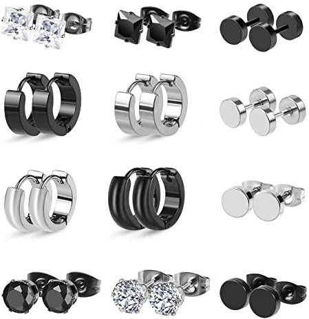 Wodasi 12 Pair Männer Ohrringe Schwarz Silber, Herren Edelstahl Ohrringe, Edelstahl Ohrclips Emaille Ohrschmuck Piercing Ohr Lünette runde Coole Ohrstecker Tunnel Piercing für Männer