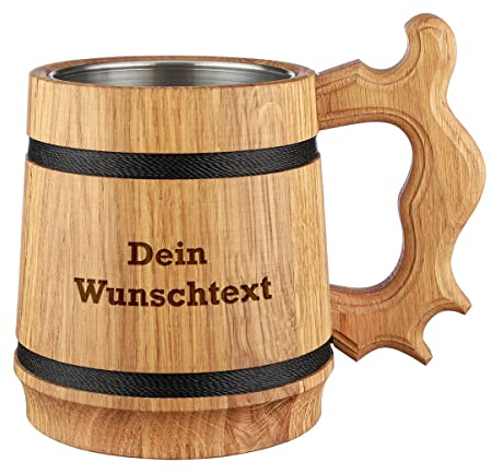 Bierkrug mit Wunschmotiv Gravur - 500 ml Volumen - Naturprodukt 19,5 cm Echtholz - für Bierliebhaber - Geschenk zum Geburtstag, Jubiläum - Motiv Dein Wunschtext