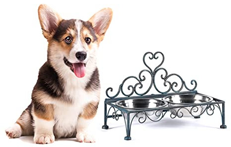 Oligsky Dog and Cat Food Feeding Rack Heart Shaped with Two Stainless Steel Feeding Bowls 3.5 Tall Suitable for Small Pets Can Hold Food and Water at The Same Time Green