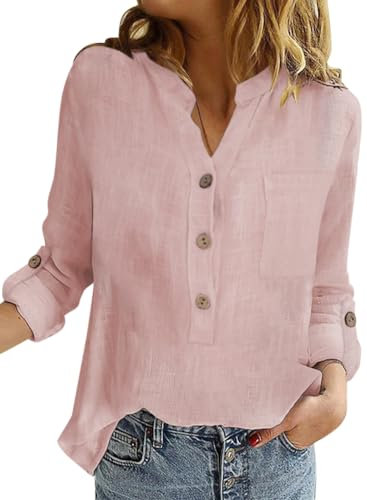 Onsoyours Chemisier Femme Manches Longues Décontracté Chic Vintage Coton et Lin Baggy Tops Casual Oversize Manche Longue Col en V Chemisie Rose XS