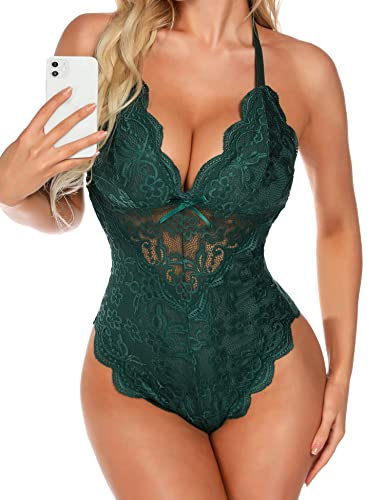 Aranmei Sexy Snap cavallo Body per le donne cattivo un pezzo pizzo Babydoll Lingerie Teddy, Verde scuro, S