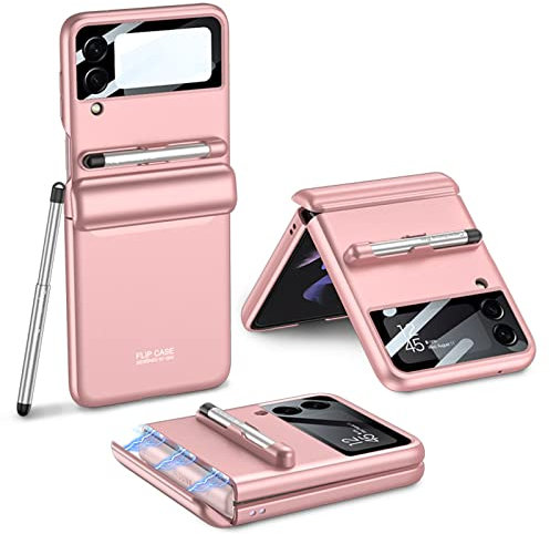 COQUE Custodia Galaxy Z Flip 3,Guscio all-Inclusive Pieghevole Incernierato con Pellicola Protettiva|Penna capacità|Slot per Penna,Cover Telefono Pieghevole per Samsung Galaxy Z Flip 3 5G-Rosa