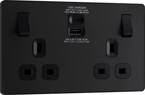 BG Electrical Evolve - Enchufe conmutado, 2G doble, USB 30W A&C