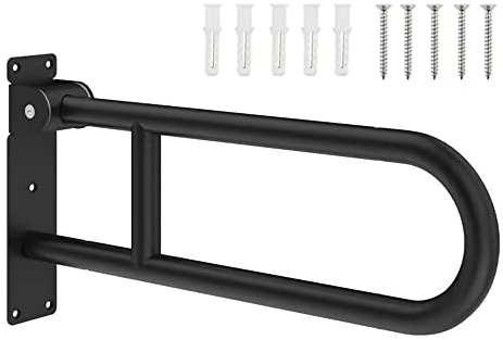 QOR Haltegriff Klappbar, 60cm Wandstützgriff Toilette Haltegriff Dusche WC Griff Aufstehhilfe für Behinderte,Senioren, rutschfest Wandmontage, Silber(Color:Schwarz)
