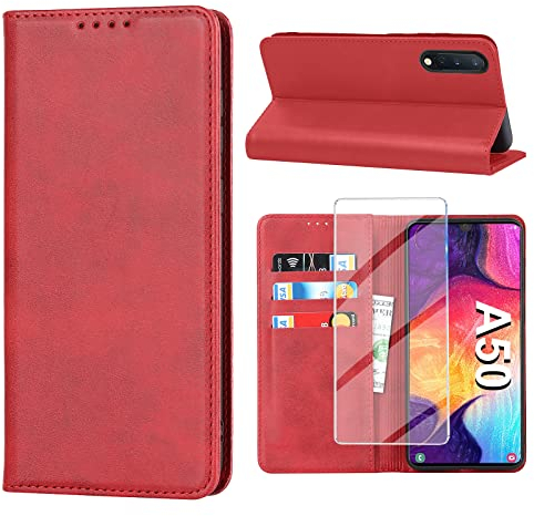 Handyhülle für Samsung Galaxy A50 Hülle mit Panzerglas Schutzfolie, Schutzhülle A50/A30S Leder Wallet Kartenfach Standfunktion Stoßfest Klapphülle Hüllen Galaxy A50 6.4 Zoll Case Klappbar (Rot)