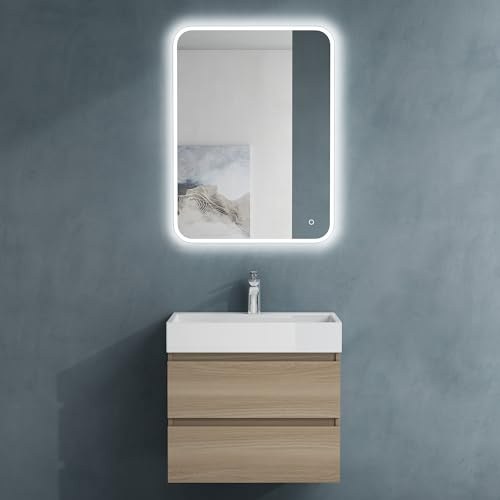 doporro Badmöbel-Set Unterschrank Waschbecken Ablaufgarnitur LED-Spiegel | Wandhängendes Badmöbel-Set mit Waschbecken, Ablaufgarnitur, LED-Spiegel– kompakt & stilvoll hell Eiche, 60x38x56cm Verona