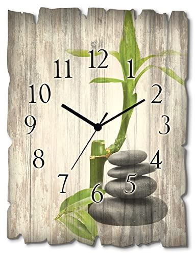 ARTLAND Wanddeko Wanduhr ohne Tickgeräusche aus Holz Quarz Uhr lautlos Rechteckig 30x40 cm Wellnes Spa Zen Innere Ruhe Steine Pflanzen Bambus Asia Vintage S7MF