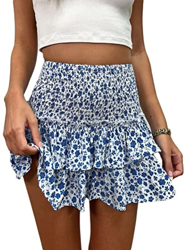 seiveini Blumenrock Damen Röcke Sommer Boho Rock mit Rüschen Kurz Plisseerock Hohe Taille Elastische Sommerrock A Linie Faltenrock Minirock A Blau S