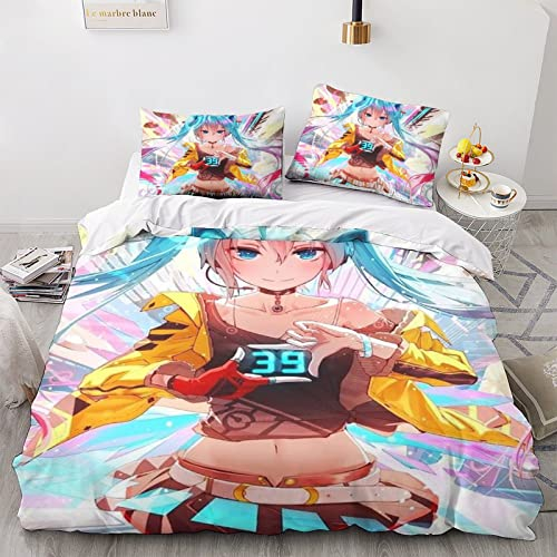 CPSUN Hatsune Miku Bettwäsche Set Bettbezug 3D Bedruckte Betten Für Kinder Jungen Mädchen Thema Raumdekor Kuschelig 3 Teilig Sets King（220x240cm）