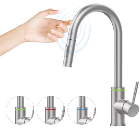 Homesbrand Silver Brushed Stainless Steel Kitchen Sink Tap with LED Display, Touch Control, 360° Swivel, Pull-Out Spray, 2 Spray Modes, Temperature Adjustment Faucet (Silver+LED+Touch Control)