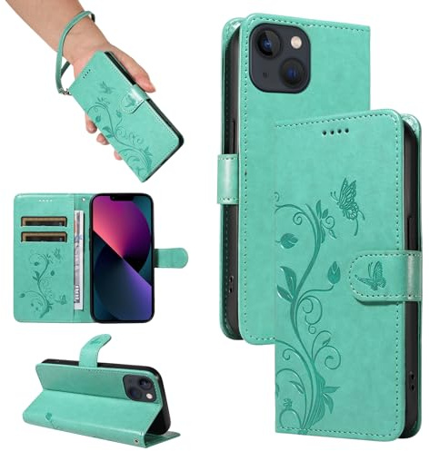 SRISHP Hülle für iPhone 13 Mini Handyhülle, Grün | Premium PU Leder, Handyhülle Mit Band, Magnet Flip Case, Kartenfächer, Ständer Klappbar Tasche, Standfunktion Schutzhülle