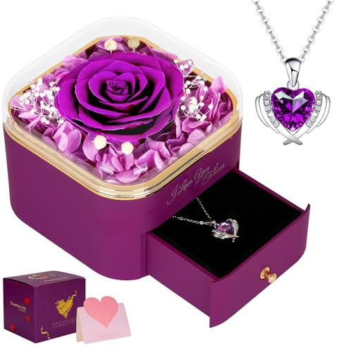 CSYY Ewige Rose, Geschenke für Frauen Valentinstag Ewige Rose Schutzengel Flügel Liebes Halskette Handgefertigte Konservierte Rosen Schmuck Geschenkbox Lila