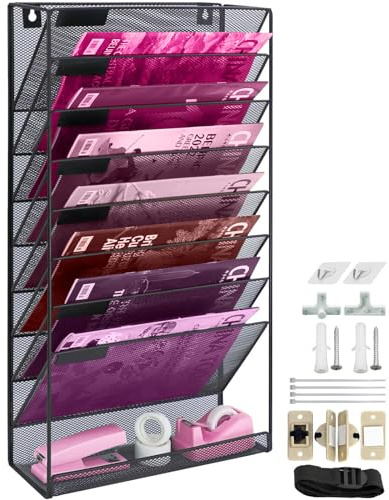 ideallife 9 Fächer Zeitschriften Wandhalter aus Metall, Zeitschriftenhalter Wand, Prospektspenderset und Wandablagefächer für Büro Organizer & Ablage, Schwarz