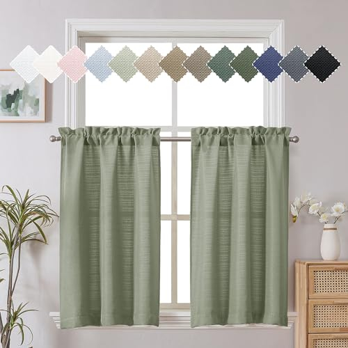 Chyhomenyc Light Green Faux Linen Textured Small Cafe Curtain, Light Filtering Short Window Treatment for Bedroom, 30x30 Inch, 2PCS