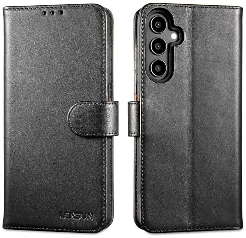 LENSUN Echtleder Hülle für Samsung Galaxy A15, Handyhülle [Echtes Leder][Magnetverschluss][RFID] Handytasche Lederhülle Flip Cover für Samsung Galaxy A15 4G/5G - Schwarz