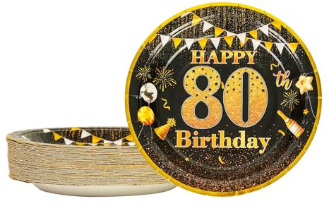 AHPYEUHK Birthday Paper Plates 7 Party Cake Dessert Plates Decorations Disposable Tableware Party Supplies (80th Black)