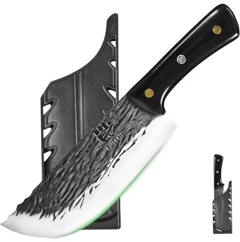 FULLHI Couteau de boucher à manche en bois avec étui, acier à haute teneur en carbone pour trancher la viande pour le camping et le barbecue (Noir, Couteau de chef)